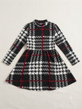 SHEIN Black, White & Red Plaid Long-Sleeve Fit-and-Flare Dress